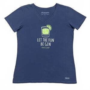 Life Is Good Womens Let The Fun Be Gin V Neck T Shirt Blue Size Medium